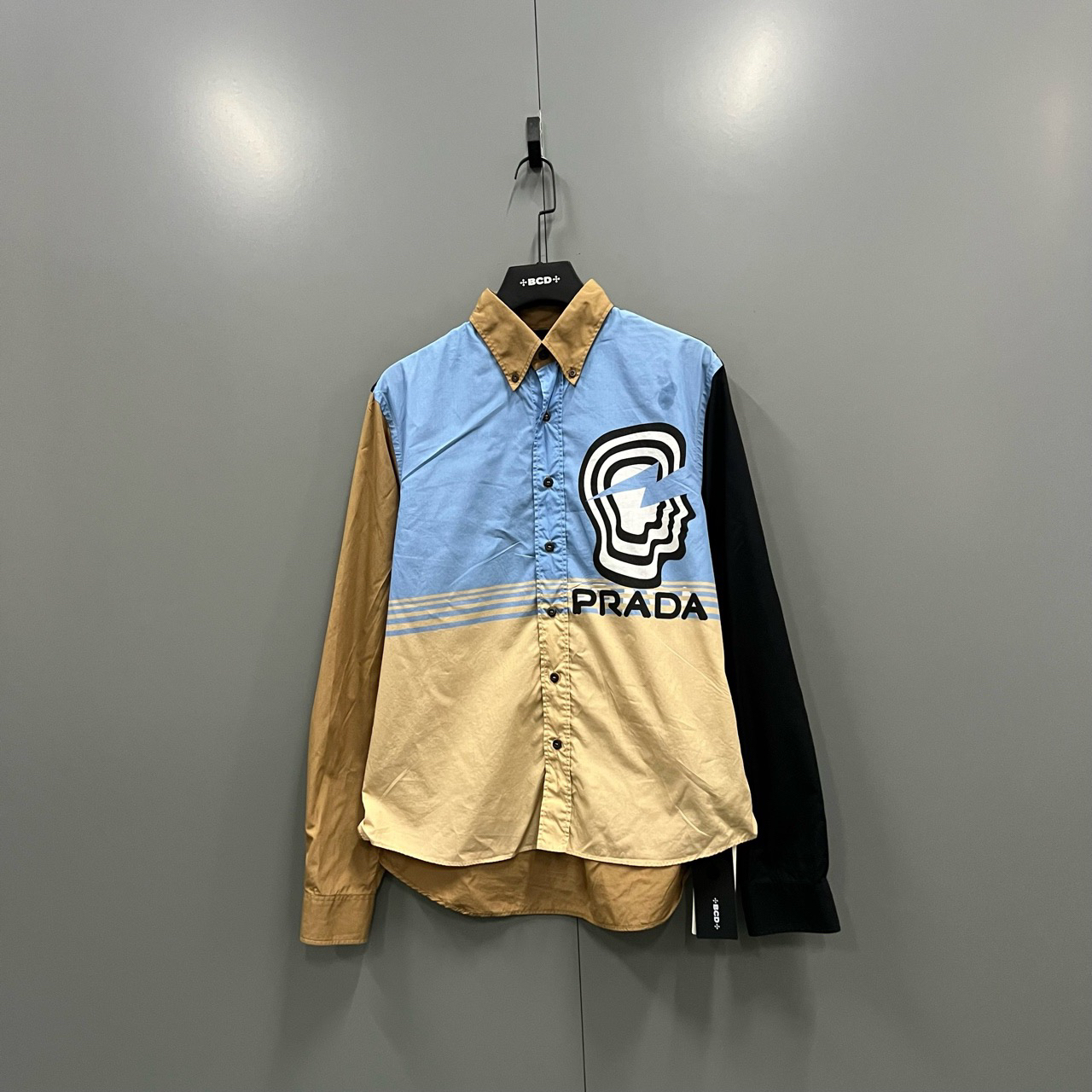 95新 Prada/普拉达 （bb）拼色印花logo长袖衬衫 L码/008372