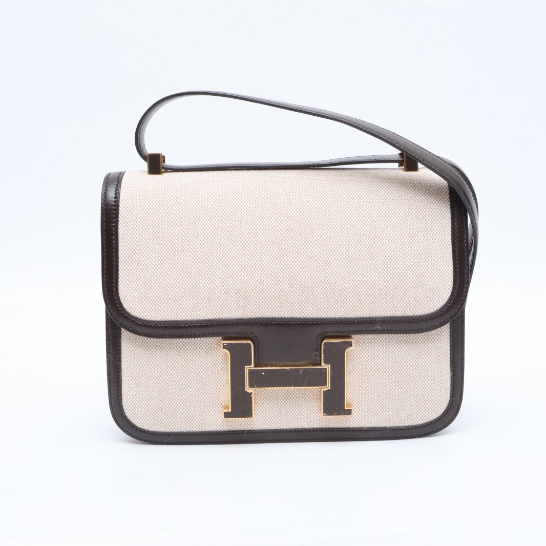 99新 Hermes/爱马仕 小花柳 康康 19 米色拼乌木色 S皮/帆布 圈H