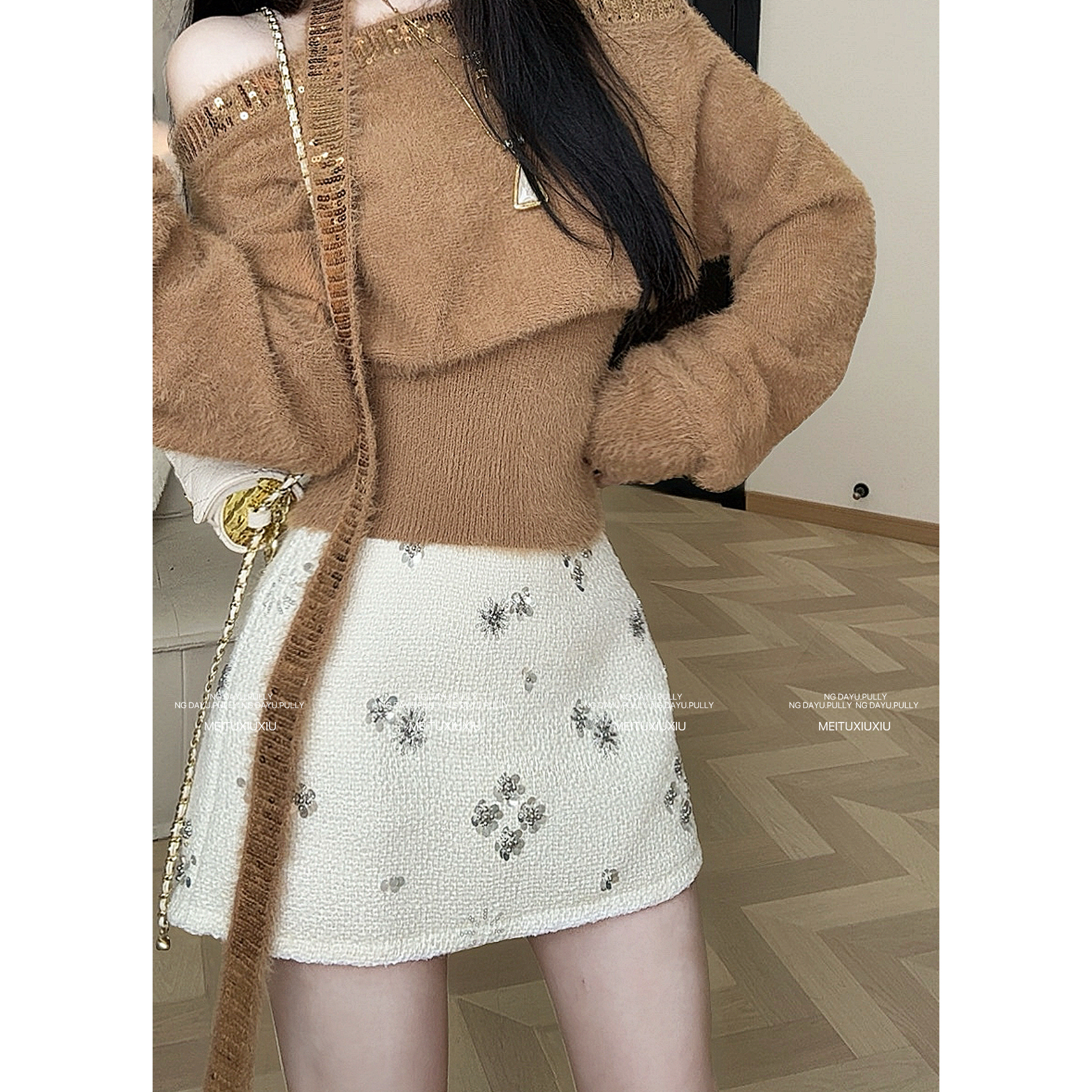 NG DAYU 现货【银河落星辰】自制米白色小香风亮片高腰短裙