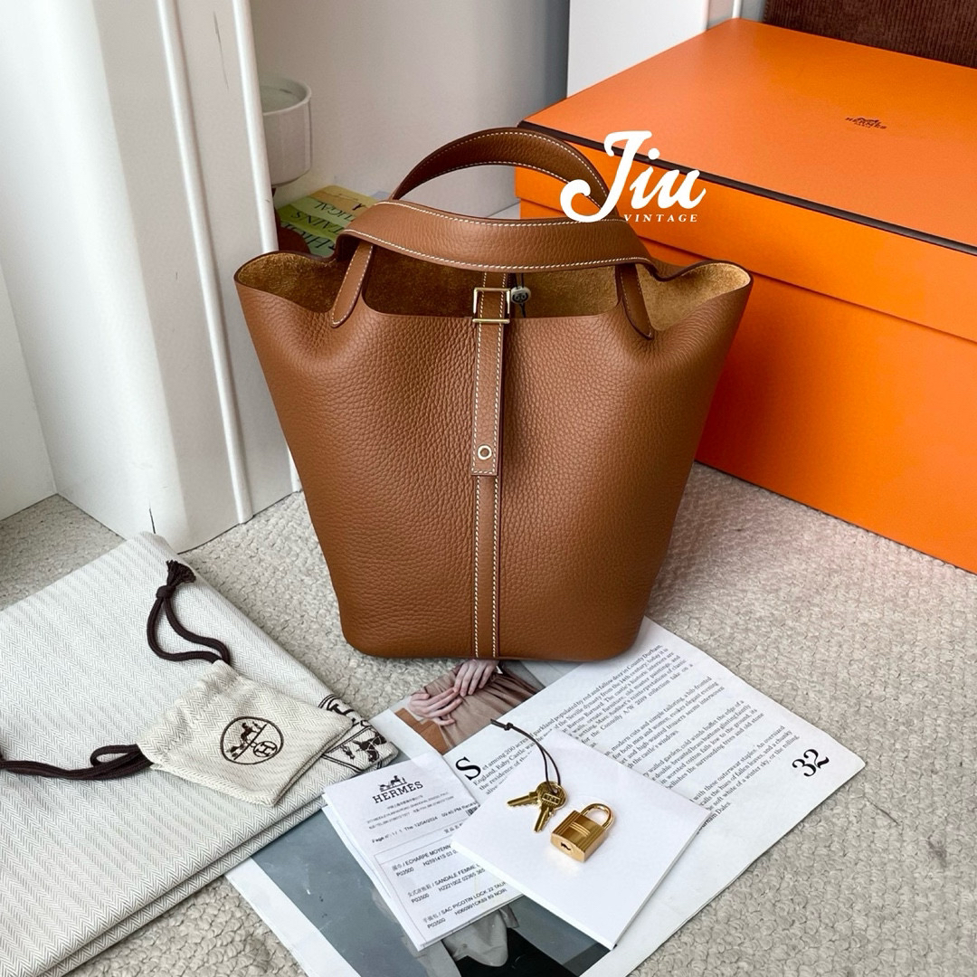 99新 Hermes/爱马仕 金棕金扣22菜篮子全新全套JM12-1343