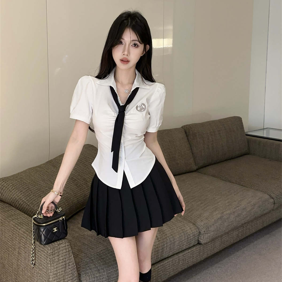 学院风泡泡袖衬衫jk制服套装女夏季独特漂亮掐腰上衣百褶裙两件套