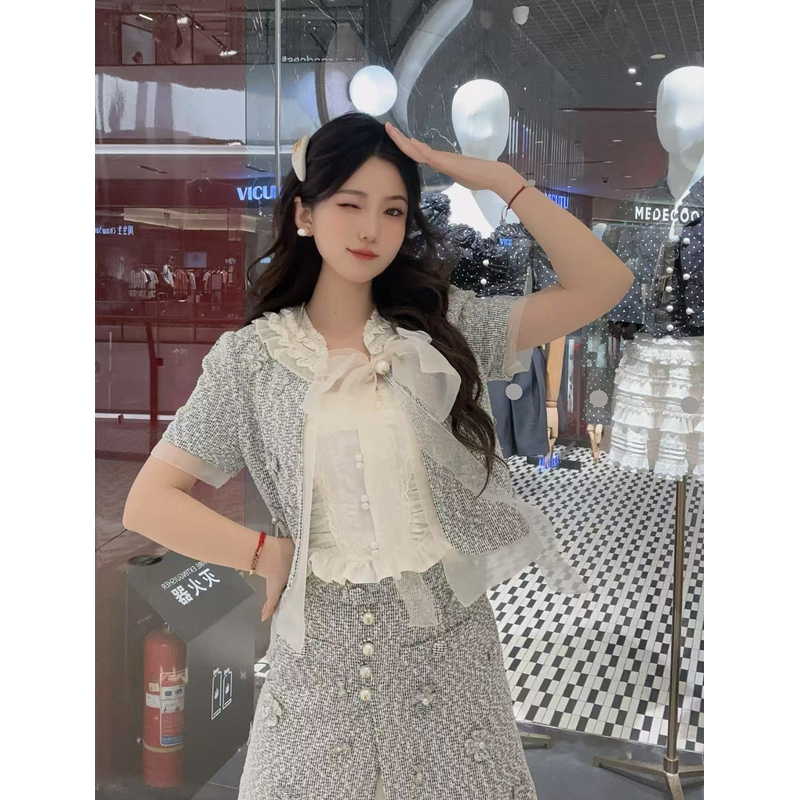 LIULIU 法式复古短袖拼接蝴蝶结气质套装裙25夏绿波曼