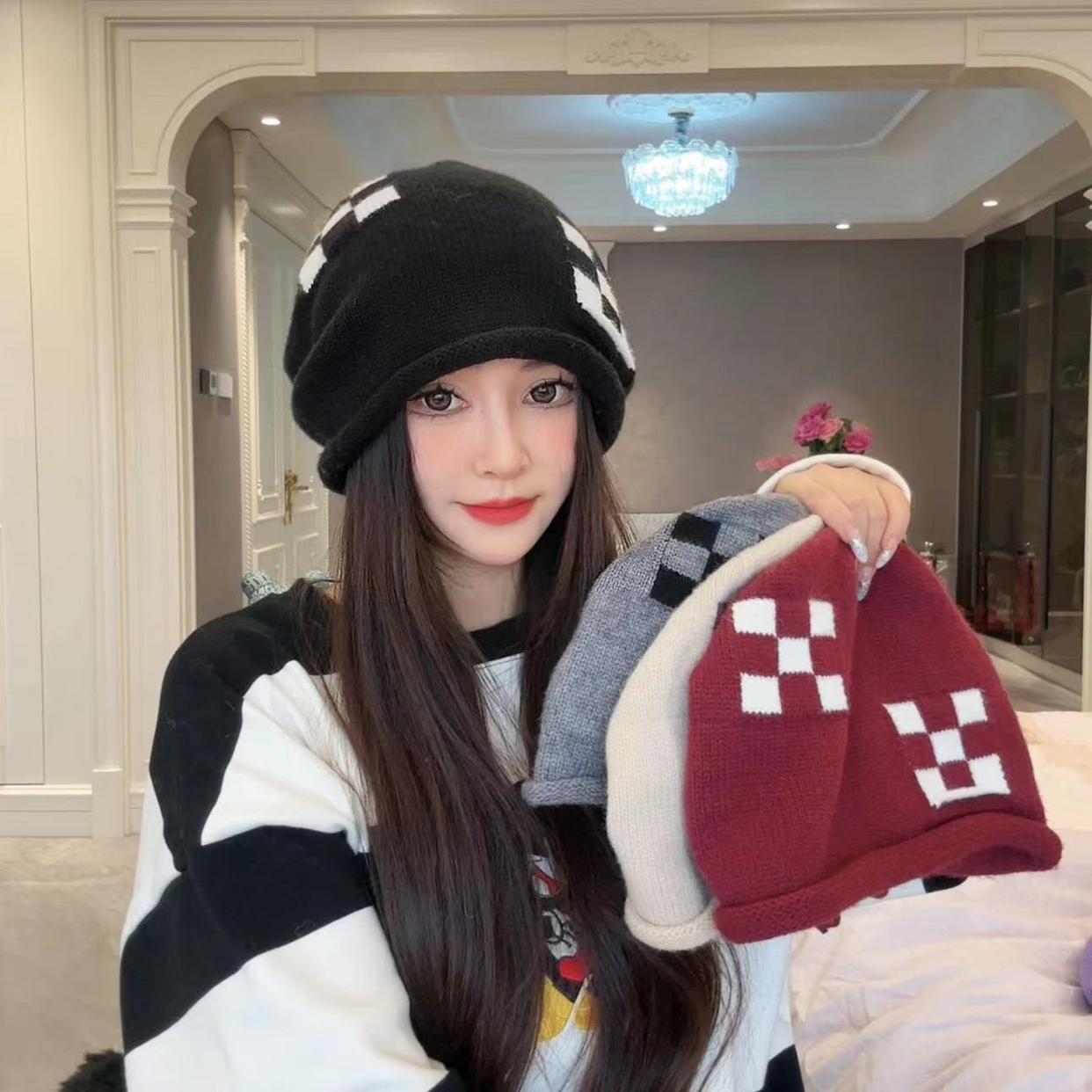 针织抽绳堆堆帽子女新款秋冬保暖毛线帽护耳大头围显脸小月子冷帽
