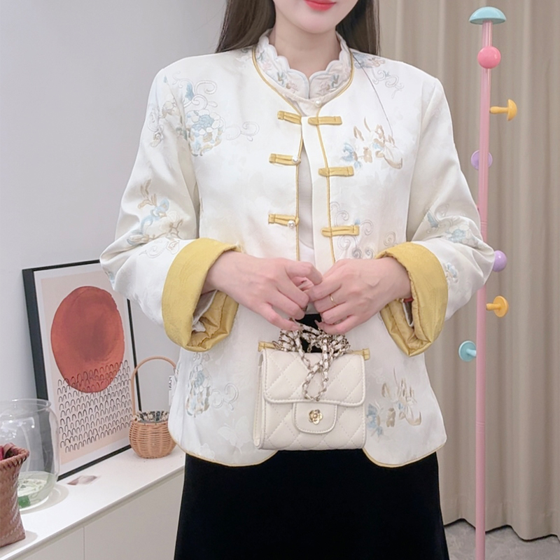 秋冬加棉新中式外套国风提花外套刺绣复古上衣古风正肩夹棉外套