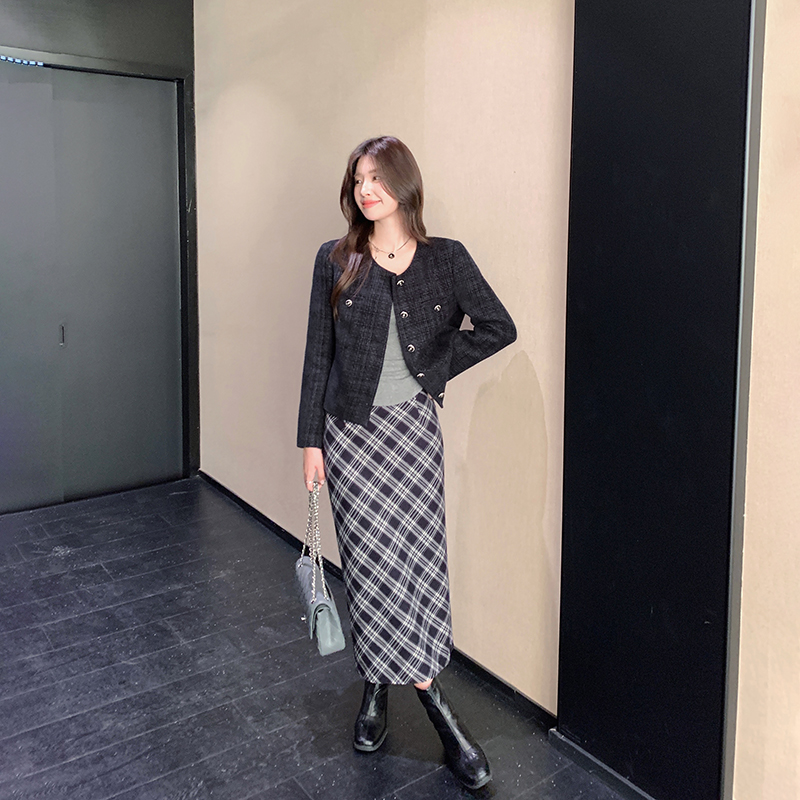 林关关【格织雅态】复古撞色格纹毛呢半身裙