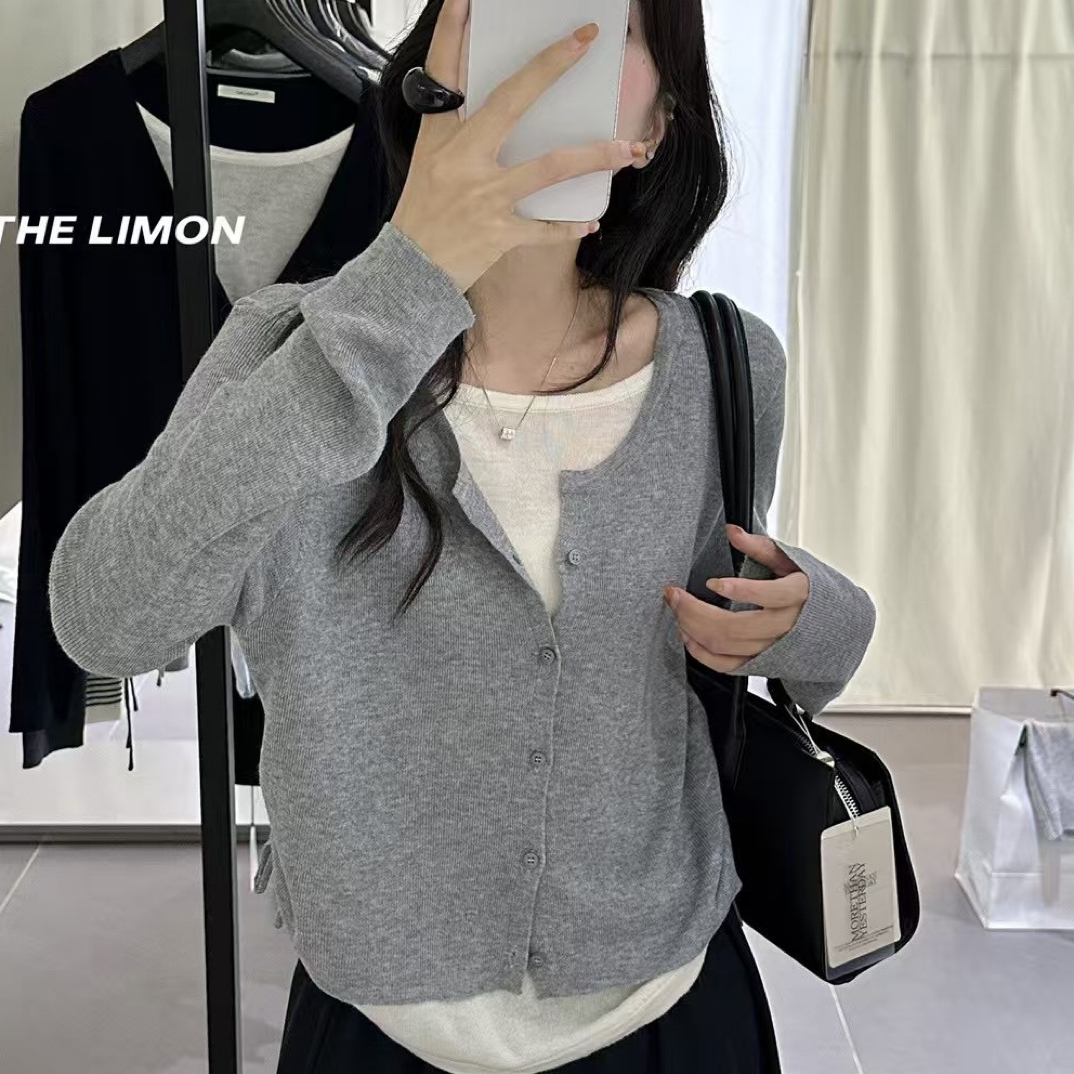 韩系针织假两件款秋季纯色条纹开衫女显瘦毛针织衫