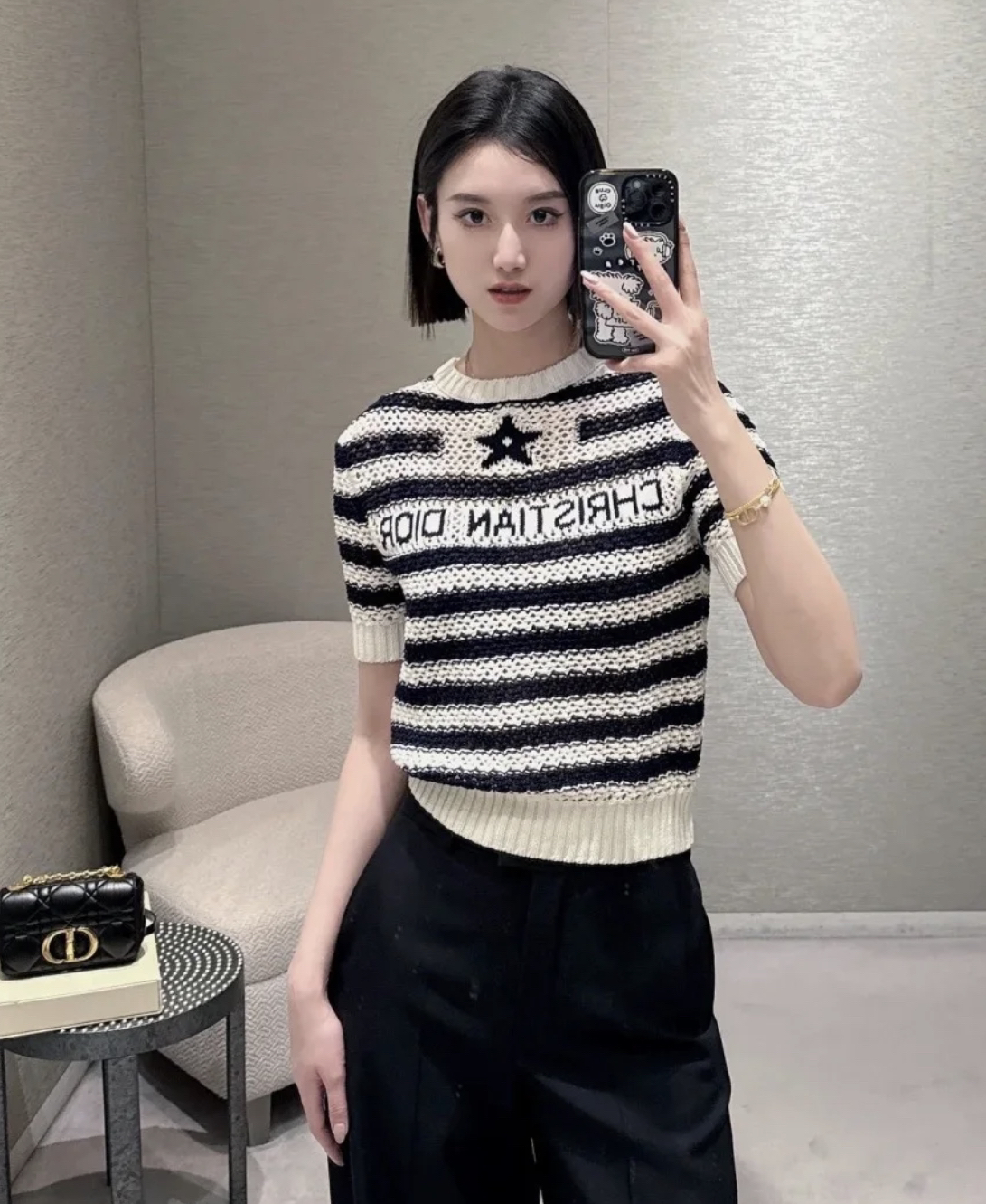 95新 DIOR/迪奥 95新 qq415 24ss字母logo条纹针织短袖 36码