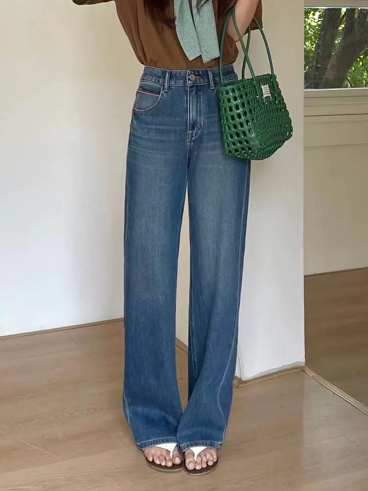 198牛仔裤女春季新款直筒裤时尚休闲显瘦直筒裤蓝色-妮