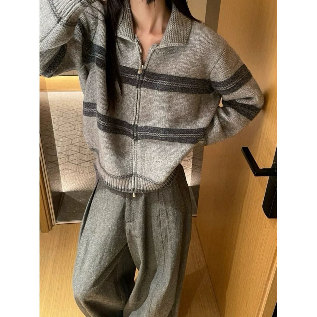 设计感翻领条纹撞色开衫毛衣韩系复古风减龄百搭上衣女177#0.12