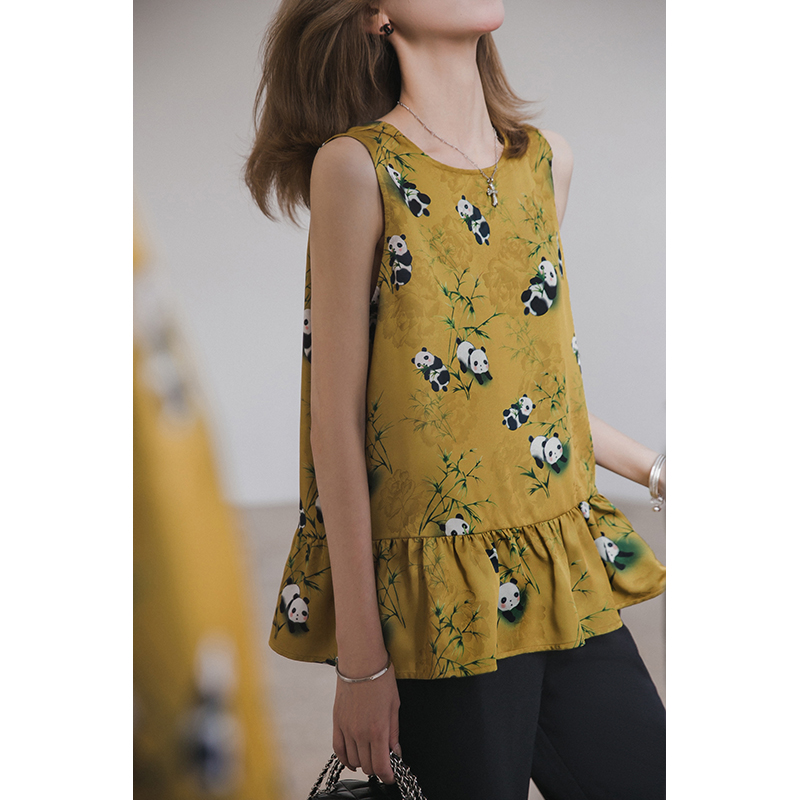 【季末折扣】韶华小衫小谷粒熊猫抱竹缎面提花印花背心上衣