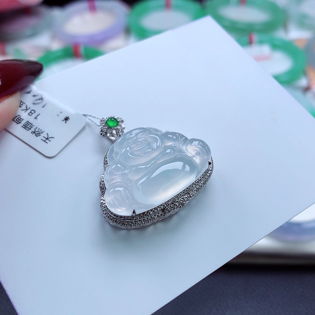 翡翠吊坠(不含链)18K金镶嵌白冰透起光 佛公