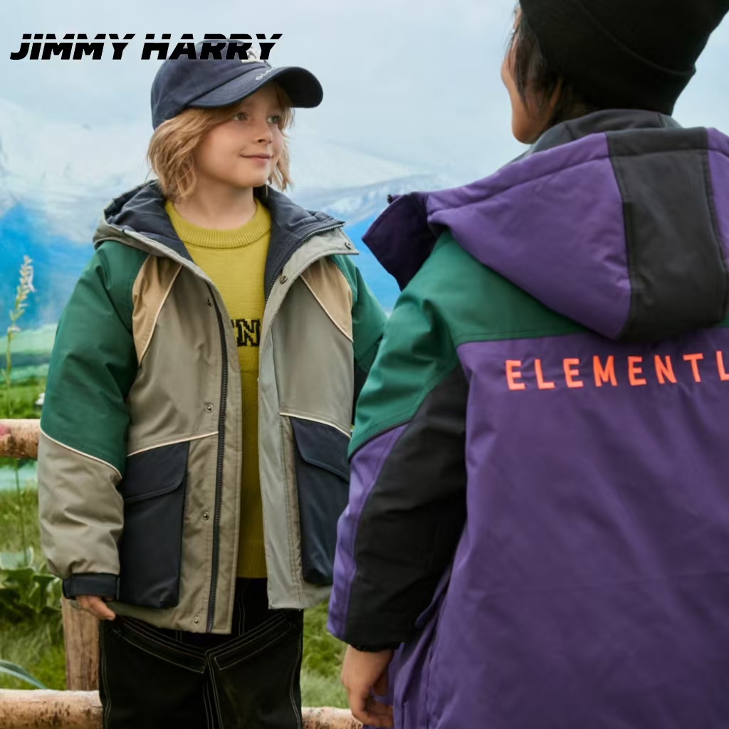 吉米妈【探寻远境】中长款连帽羽绒服冬季拼色学院保暖外套DY2467