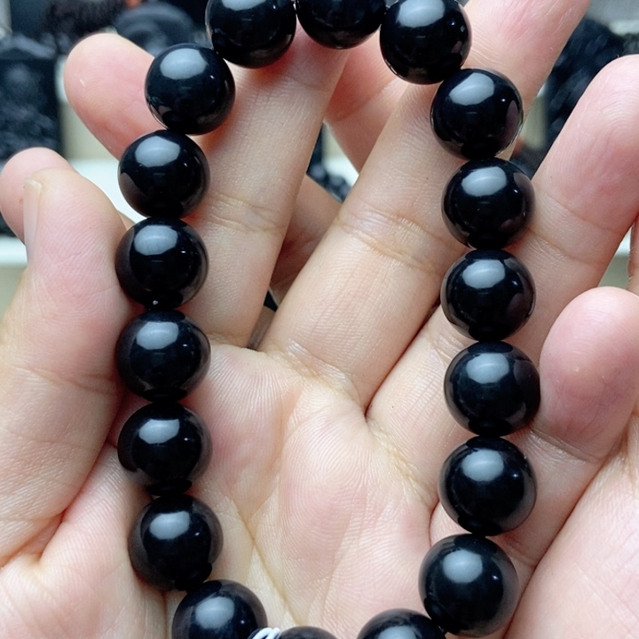 未镶嵌手链和田玉（墨玉）卡12圆珠手串黑羊脂