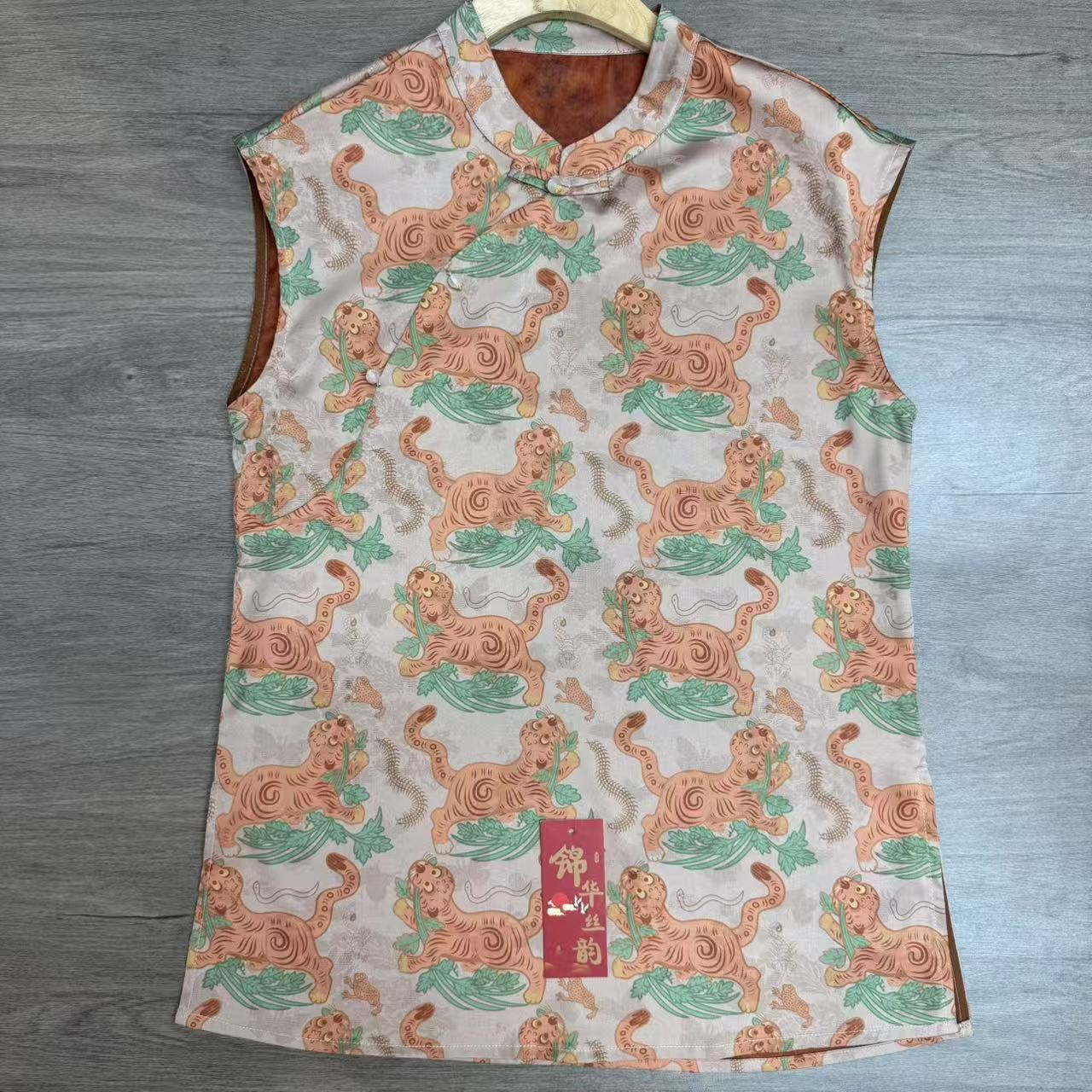 【虎虎】无袖短款新中式提花不对称T恤复古夏款学院风美式1247