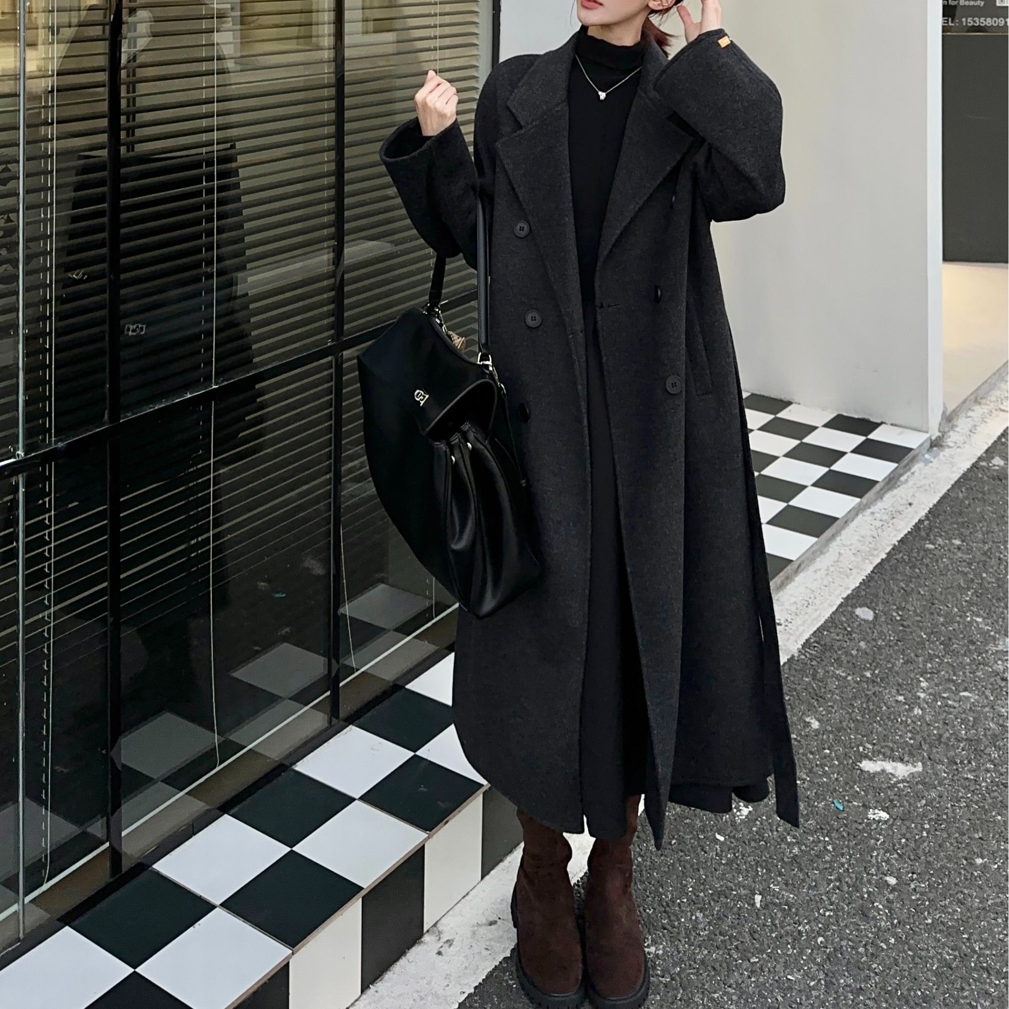 【NN】2025秋冬新款双面羊毛大衣女中长款宽松韩版毛呢外套气质黑色