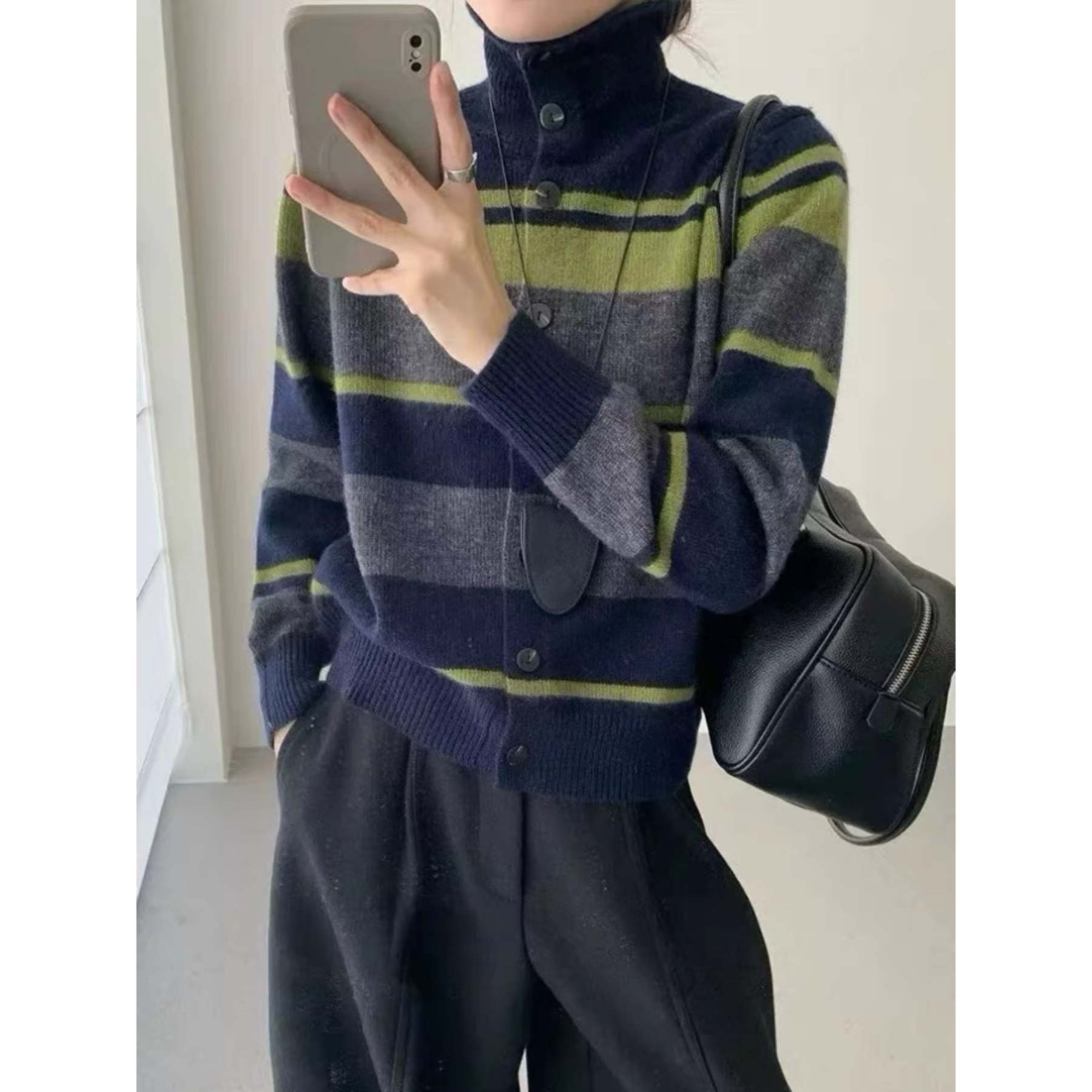 【萱萱精选】兔毛+绵羊毛条纹撞色单排扣可翻领毛衫067（衣长56左右）