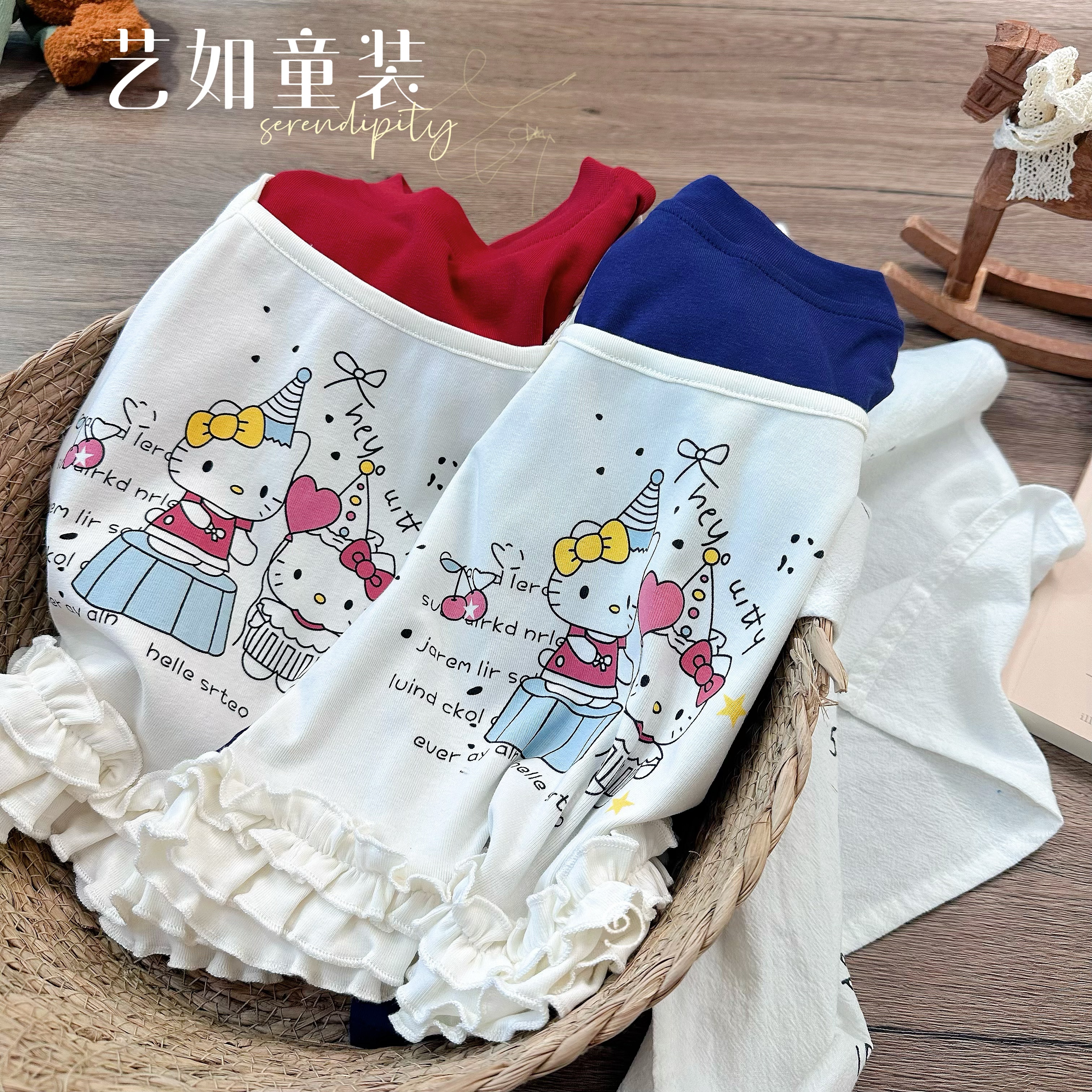 番茄家*【别样魅力】秋季上新韩系凯蒂猫假两件花边上衣D-H56
