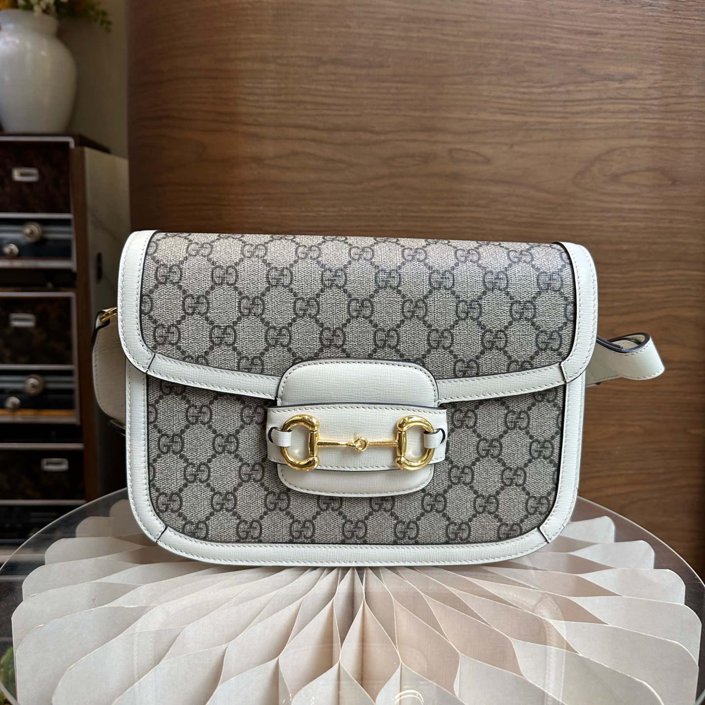 99新 GUCCI/古驰 1955系列中号经典老花拼白色皮革