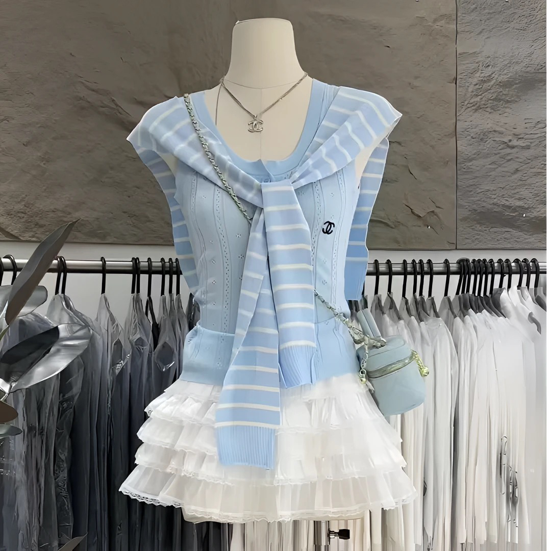 29- 99 Moni【薄荷奶霜】超好看冰川绿小香风针织开衫吊带背心两件