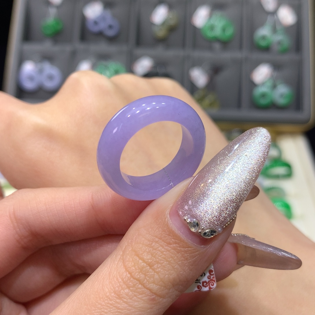 翡翠戒指未镶嵌14-15粉紫