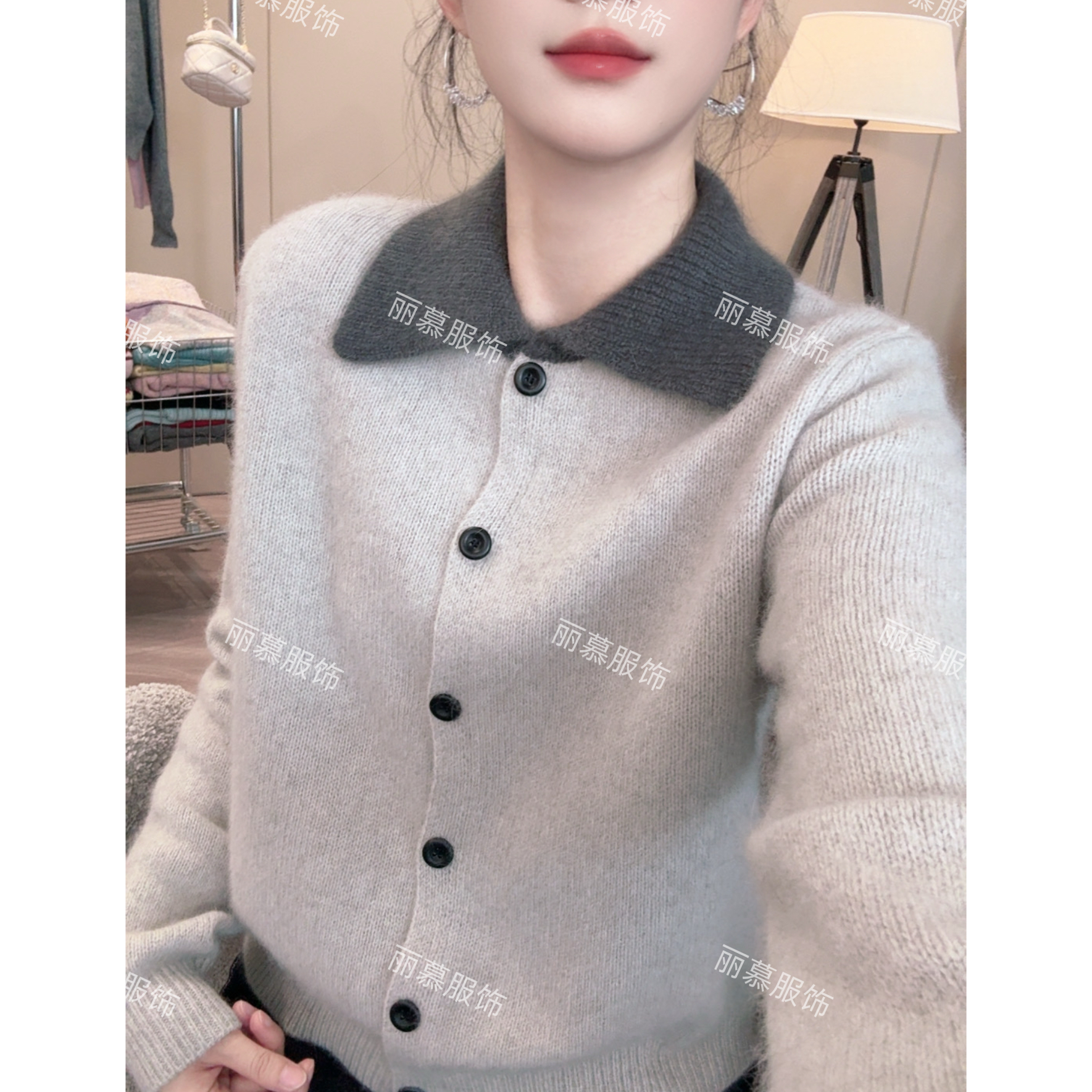 【灰色翻领】秋季新款翻领撞色单排扣针织开衫毛衣2062