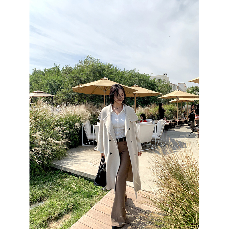 肉装小cherry 绒绒暖茶 翻领双排扣设计微胖宽松直筒双面呢大衣女