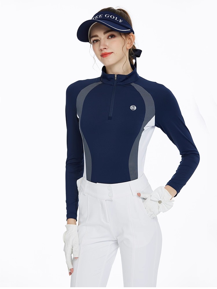 新款高尔夫服装女上衣长袖秋冬立领拉链拼色女士POLO衫运动球衣