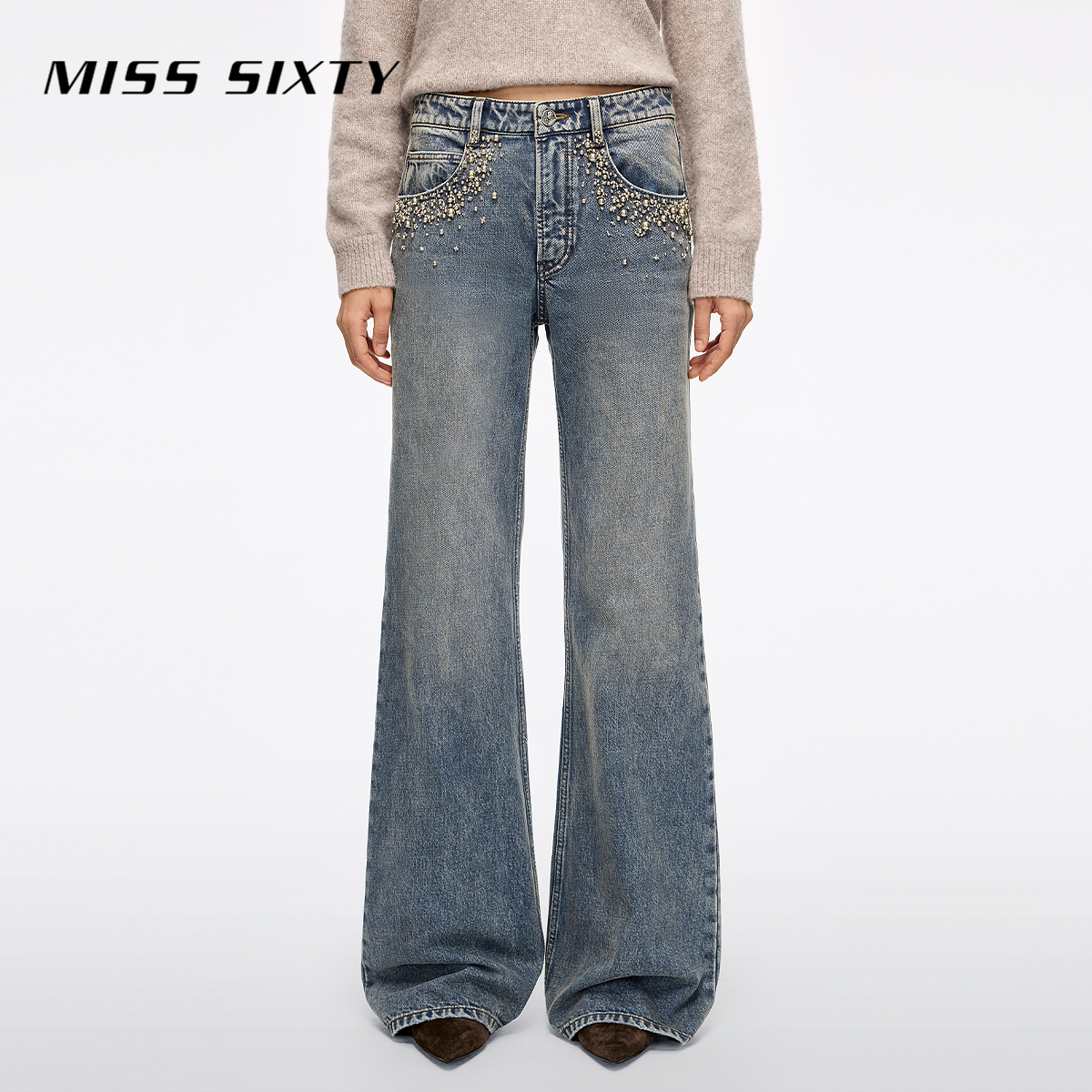 Miss Sixty2025冬季新款磨毛牛仔裤女复古重工钉珠喇叭裤圣诞穿搭
