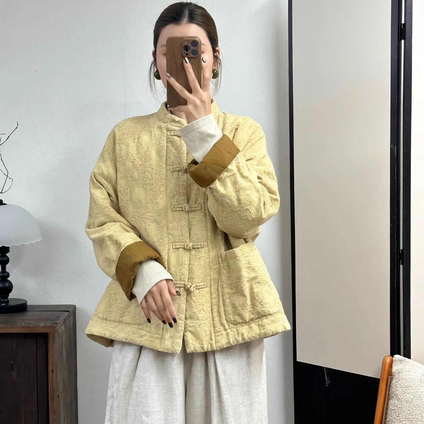 新中式复古立领盘扣提花禅意加厚亚麻夹棉棉袄女款