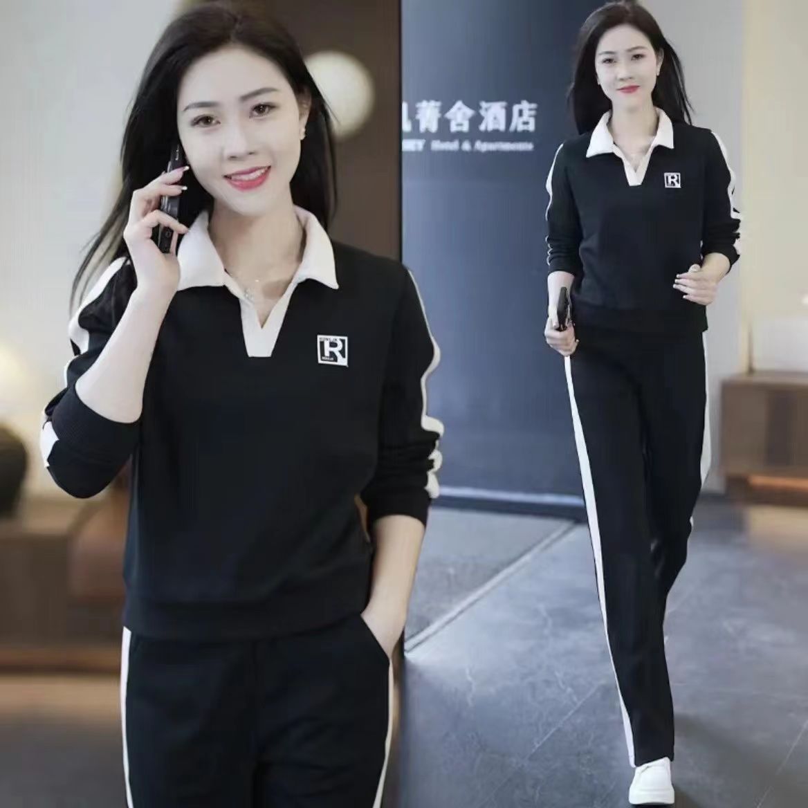 休闲运动套装女2025年春秋新款显瘦洋气简约翻领卫衣+卫裤两件套