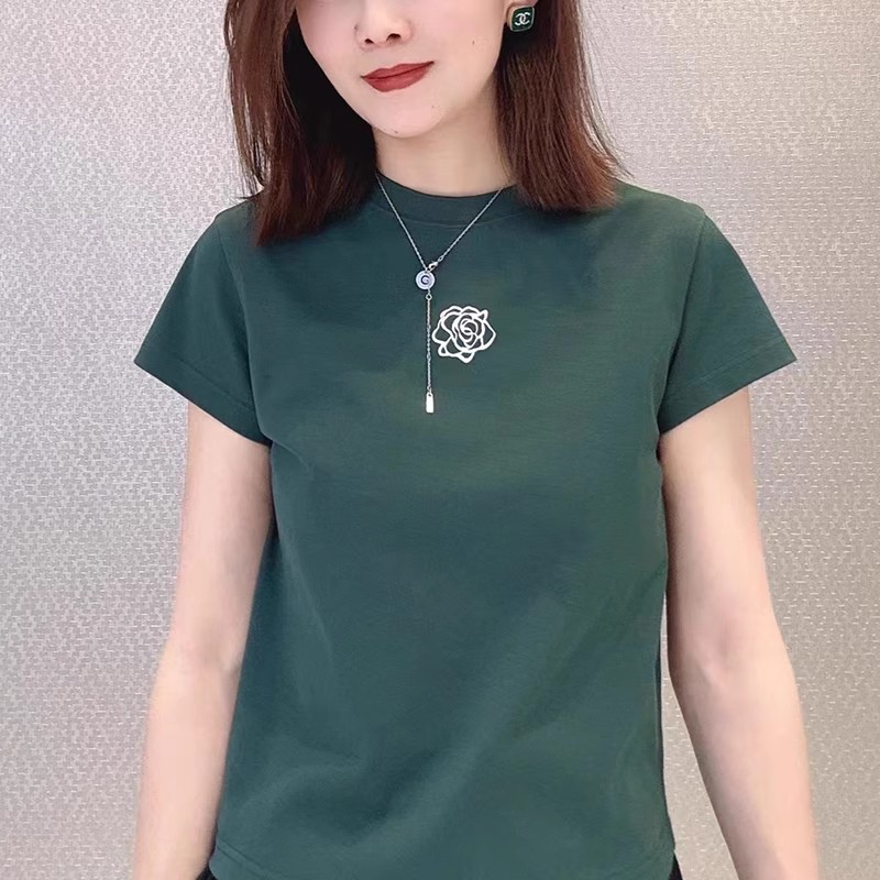 商场同款2025夏季新款修身时尚百搭山茶花印花休闲短袖t恤