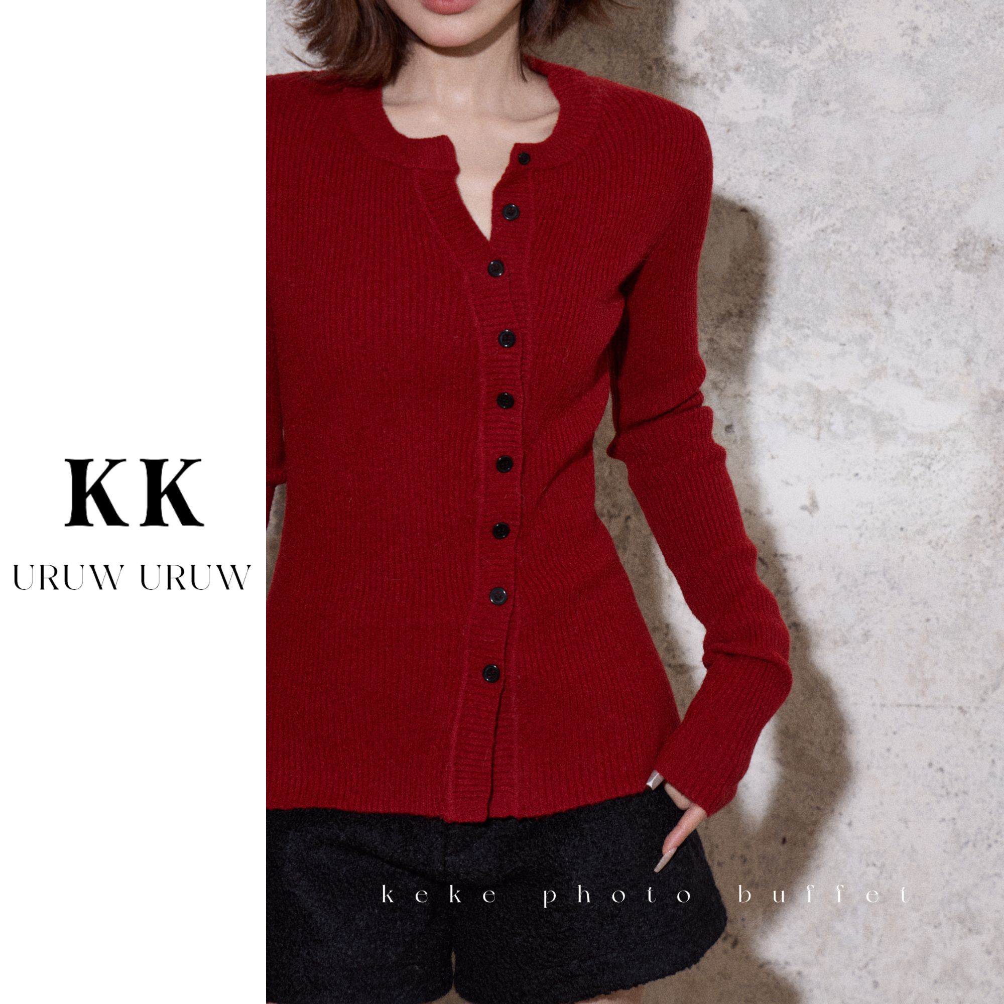 柯柯【滤镜时刻】羊毛混纺高级感斜门襟软糯修身针织开衫KL427