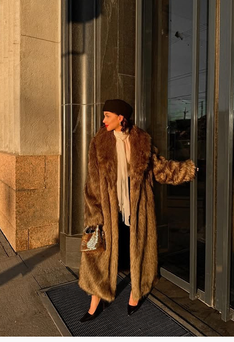 人造皮草 秋冬长款大衣新款仿皮草皮毛外套棕咖色加厚冬款加长款