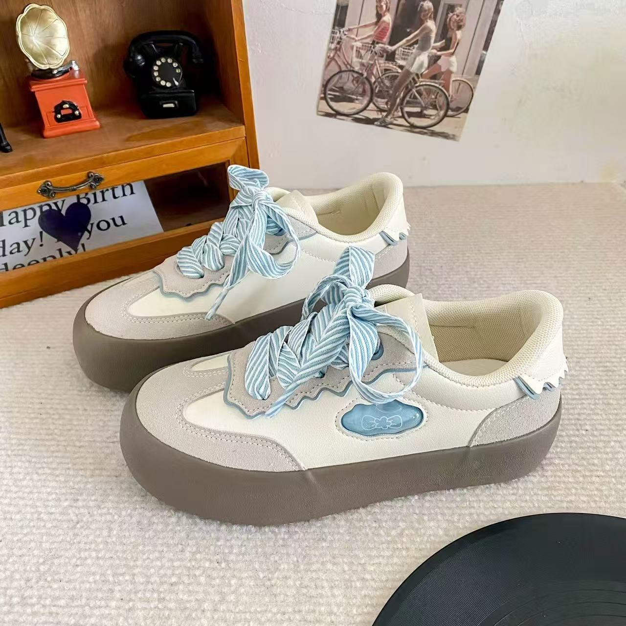 B-9368蓝色厚底德训鞋女2025款百搭圆头小众板鞋小白运动鞋休闲