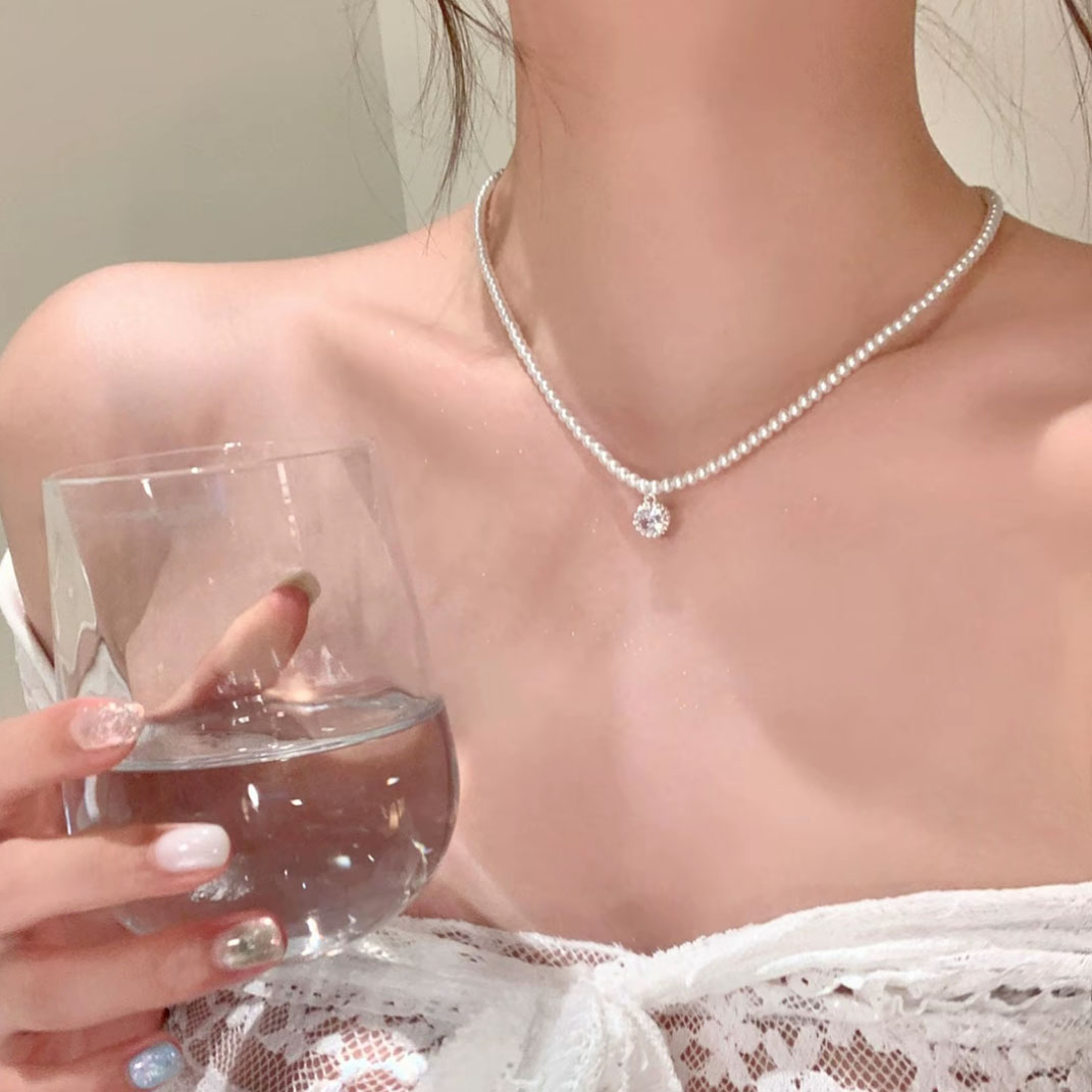 铜仿珍珠项链 珍珠串珠单颗8.0圆形锆石吊坠项链女2025新款