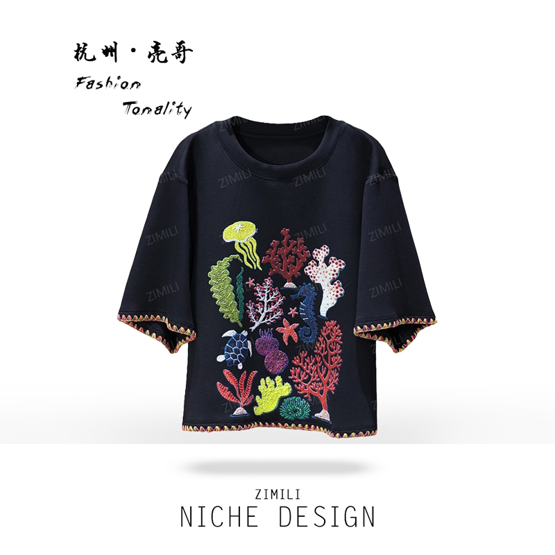 【亮哥女装】2025欧版小众设计师黑色印花时尚短袖9020-B1