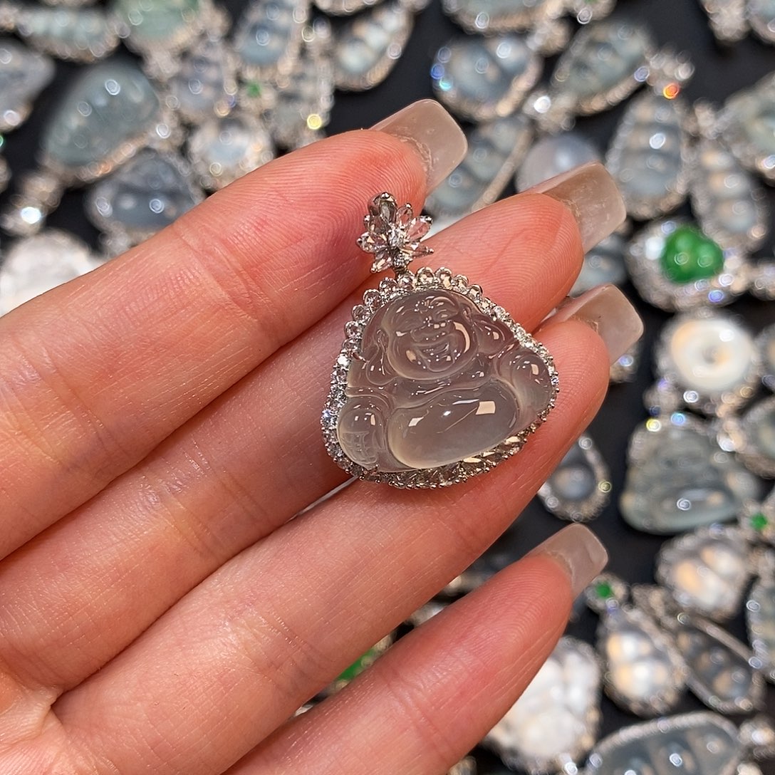 翡翠18K金镶嵌吊坠(赠链)天然缅甸翡翠吊坠佛公