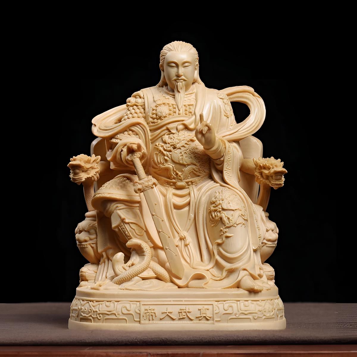 桧木雕家用真武大帝摆件神像雕刻佑圣将军客厅装饰工艺品高18公分