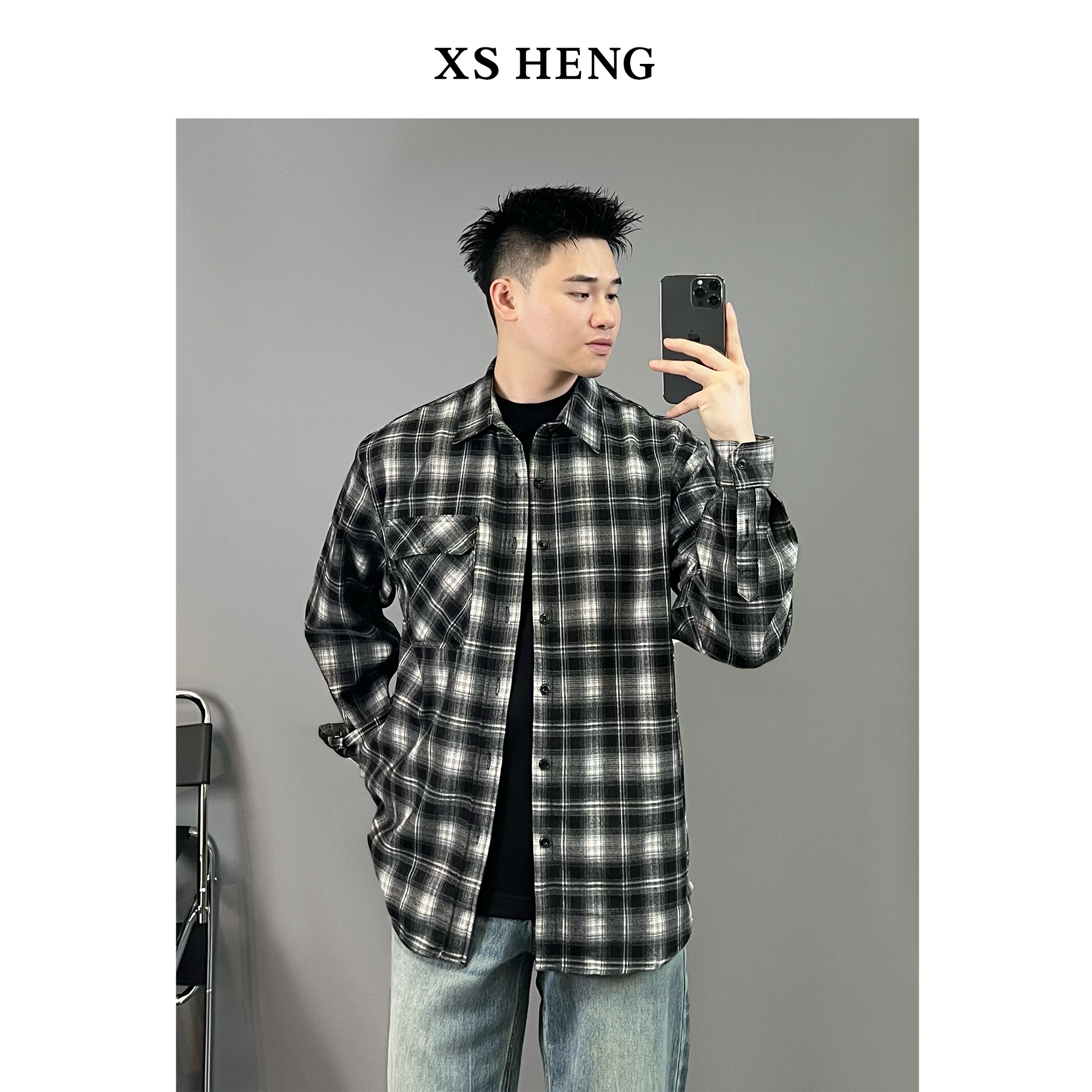 APENG秋 黑白格子长袖衬衫美式复古男士经典休闲衬衣外套#8096