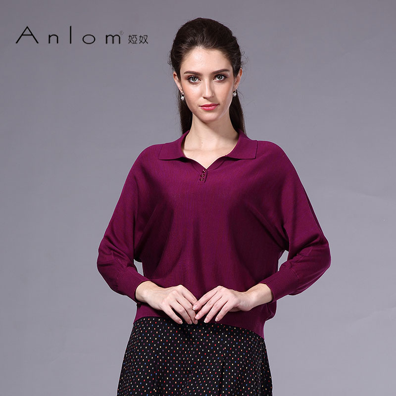 Anlom/娅奴早秋新款修身桑蚕丝针织衫女时尚九分袖POLO领套衫