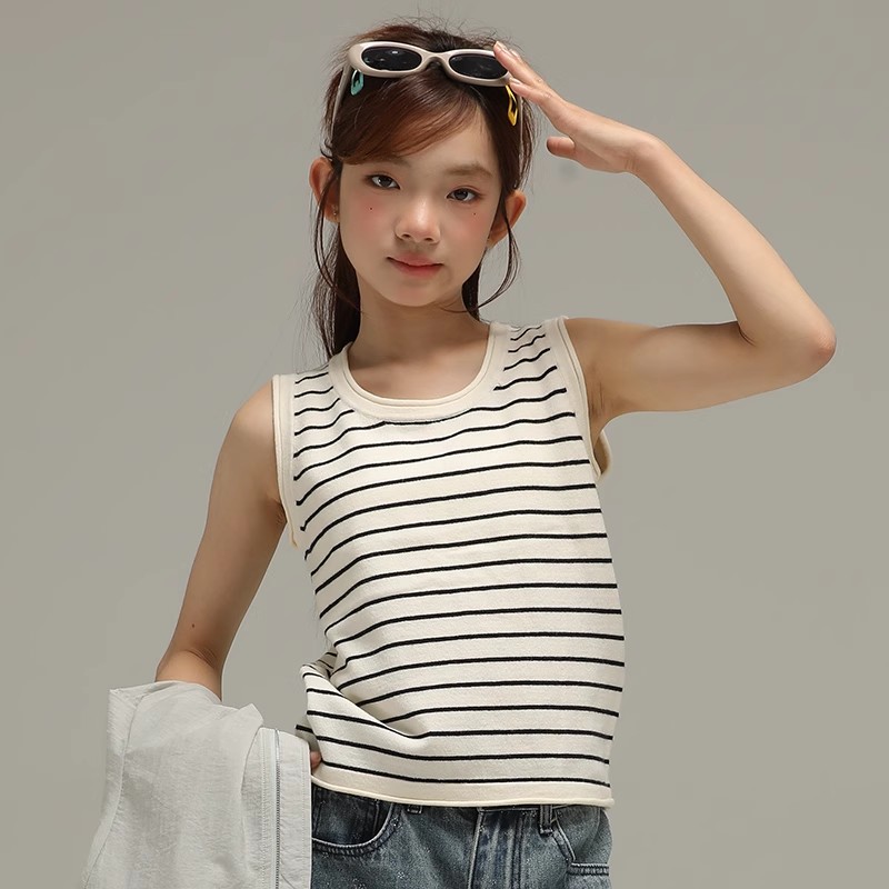小女森女童夏季针织条纹背心中大童无袖内搭休闲宽松圆领吊带上衣