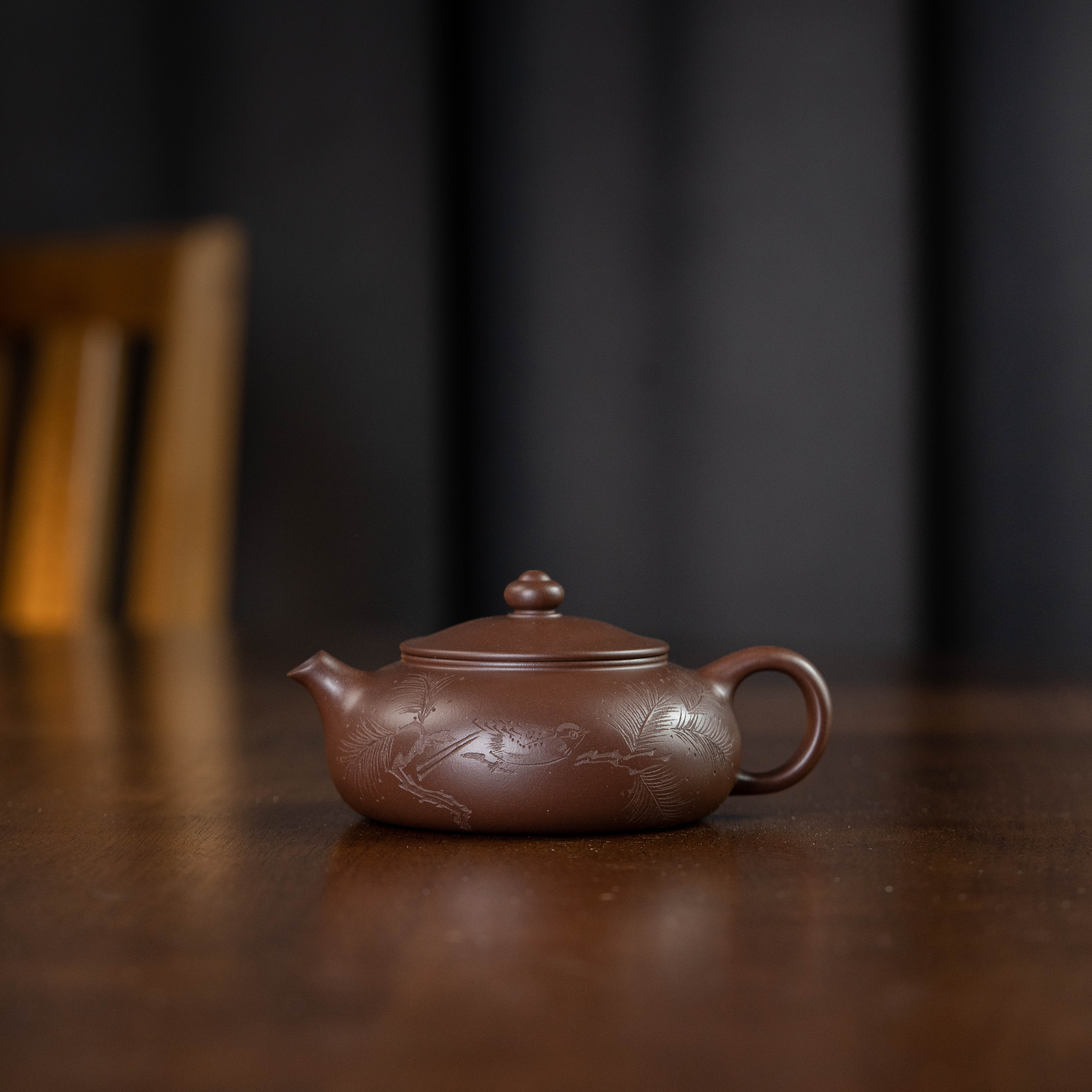 寒江（刻花鸟）老紫泥 165cc 家用紫砂壶tt2