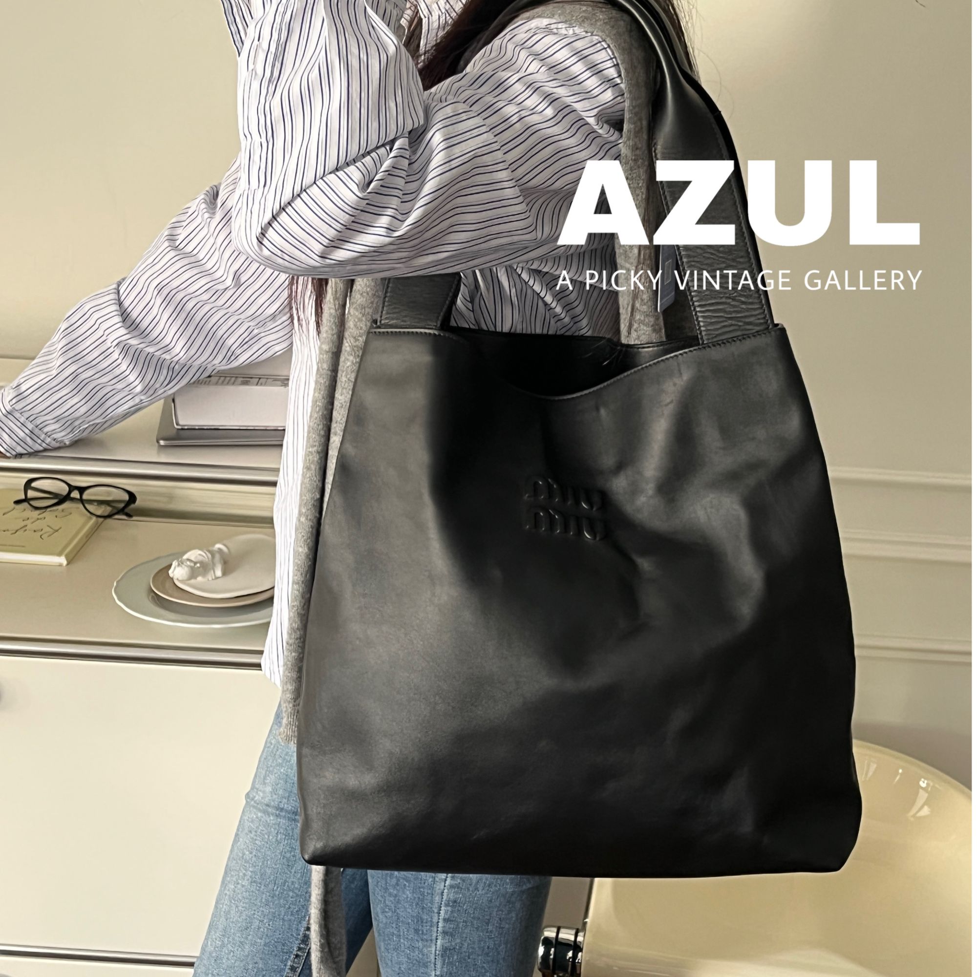 95新 MIU MIU/缪缪 Azul - so black牛皮休闲大容量托特包 38994 