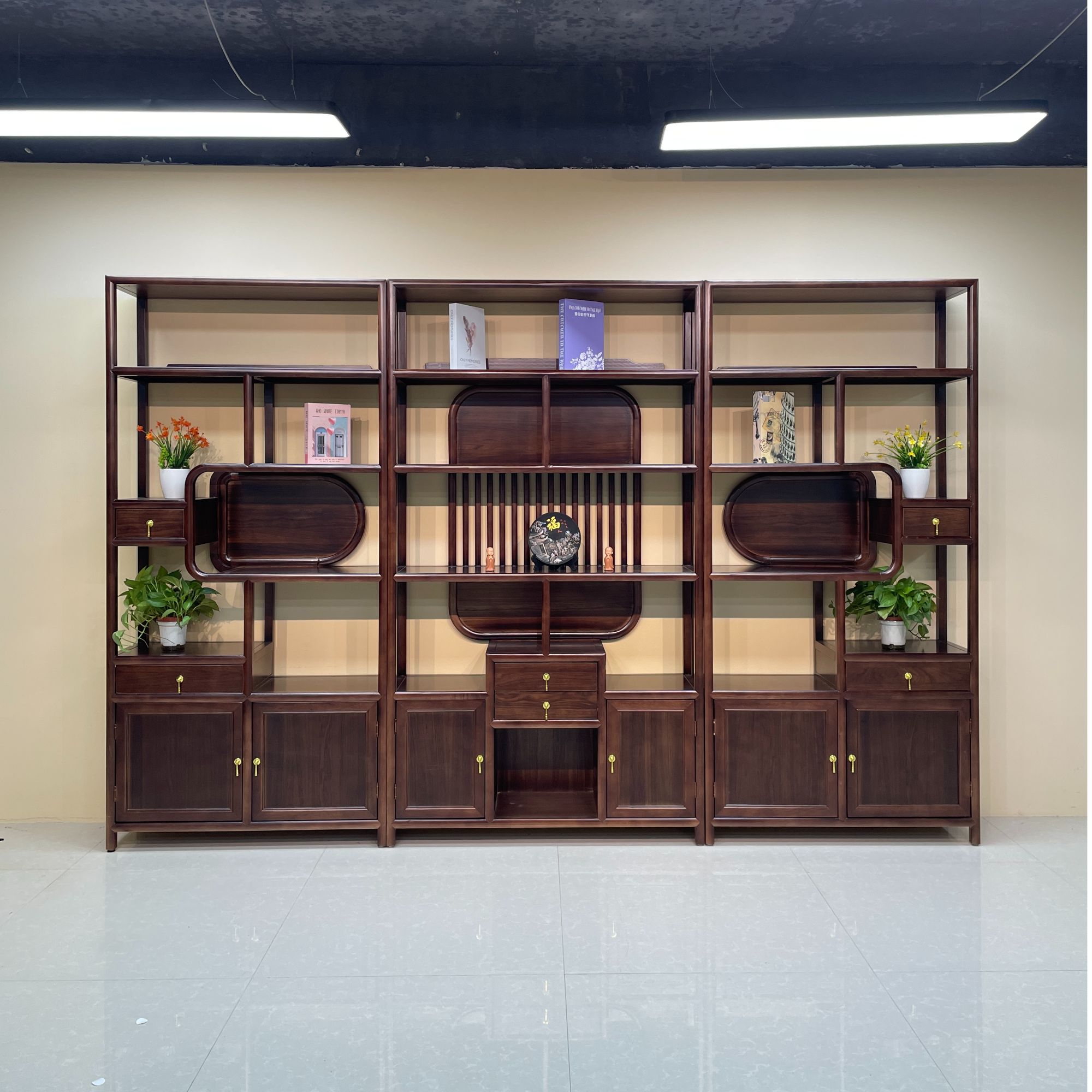 圆月新中式博古架，置物架隔断实木架玄关展示架博古架实木