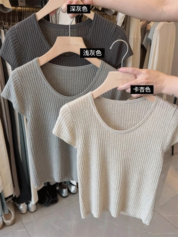 简约百搭领短袖针织衫休闲显瘦女修身打底衫上衣舒适透气
