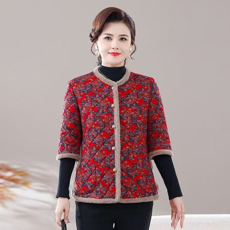 冬季新款妈妈装七分袖棉衣中老年女装加绒外套碎花老妈妈加绒棉袄