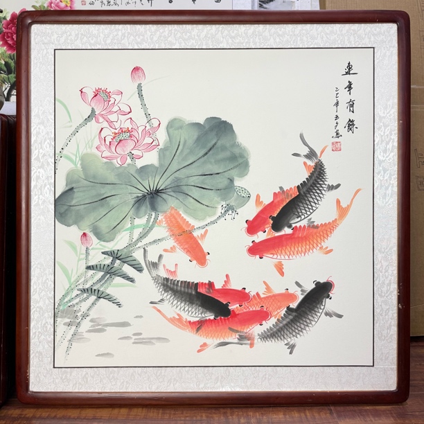 【手绘国画】带框[83*83]荷花九鱼图聚财招财锦鲤鱼斗方餐厅挂画