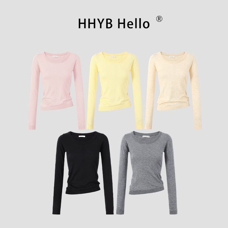 HHYB Hello2025纯色U型领长袖上衣别致感倾斜下摆显瘦针织衫M1200