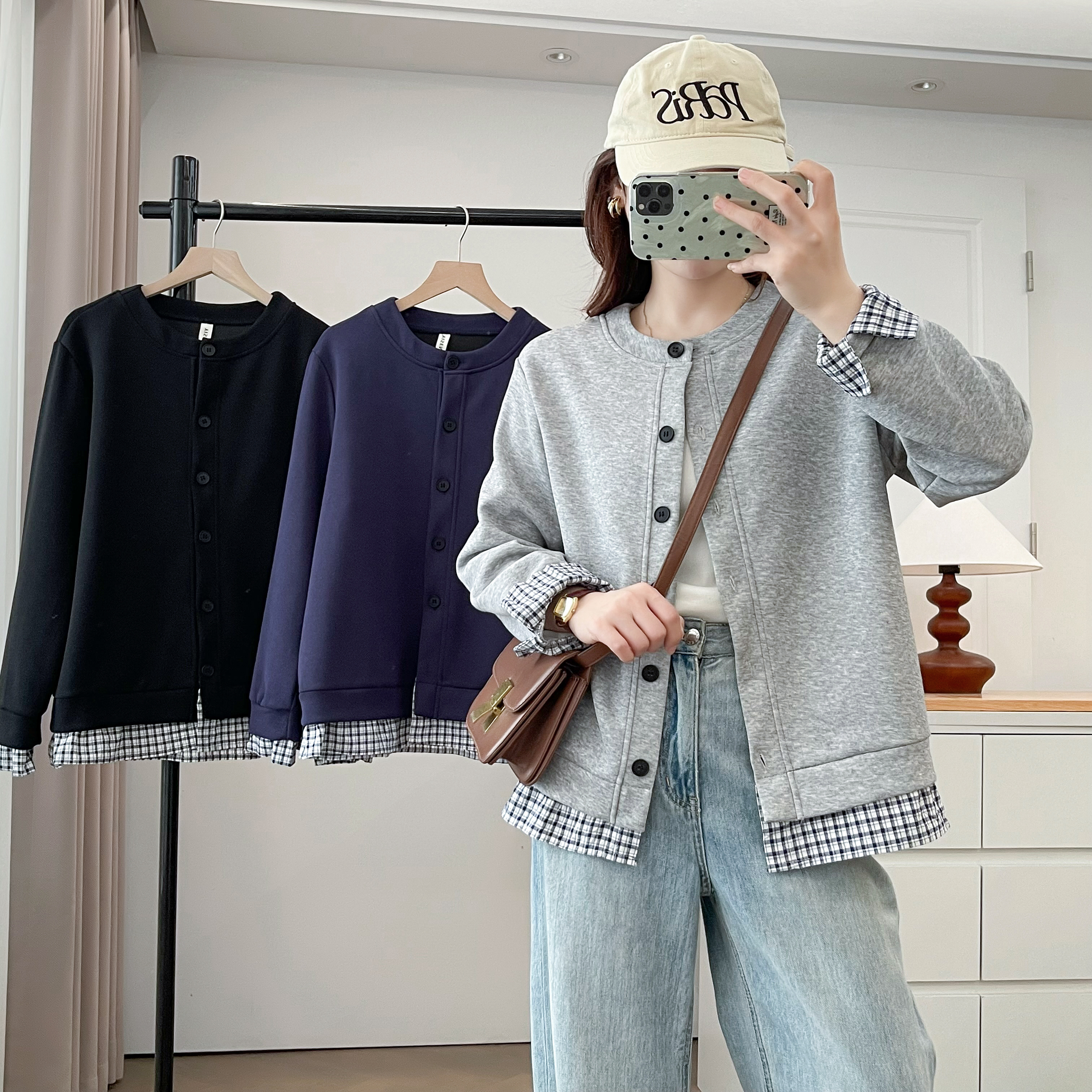 秋季新款大码女装卫衣时尚格子拼接假两件外套休闲百搭运动棒球服