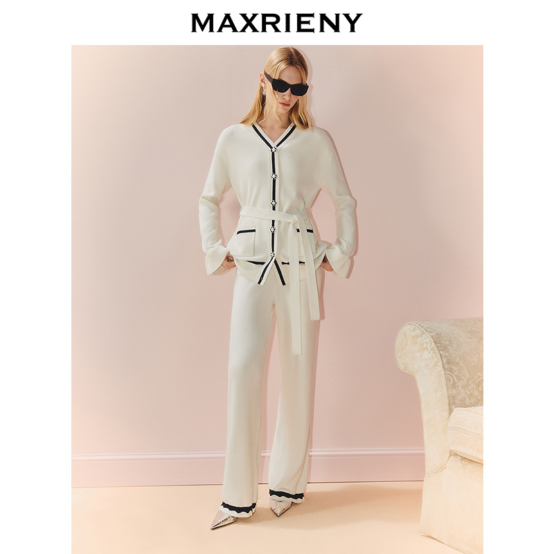 MAXRIENY法式慵懒感穿搭套装系带围裹针织外套垂感长裤两件套女